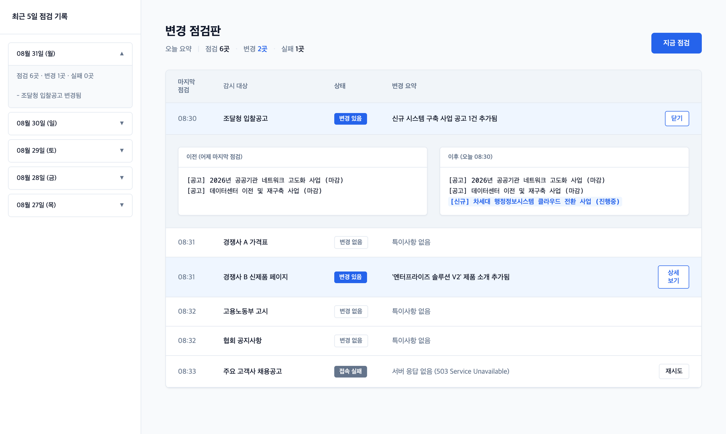 사이트 순회 & 변경 점검판